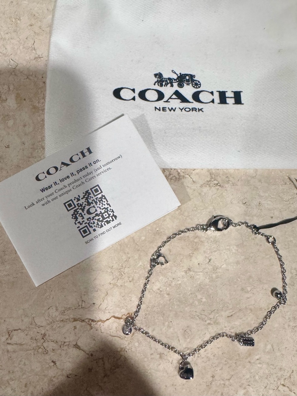 Coach Silver-Tone Charm Bracelet with Heart & Tag Charms